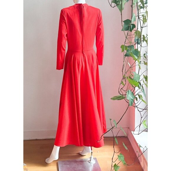 Vintage Orange Red Long Sleeve Full Skirt Maxi Dress S - Picture 4 of 5